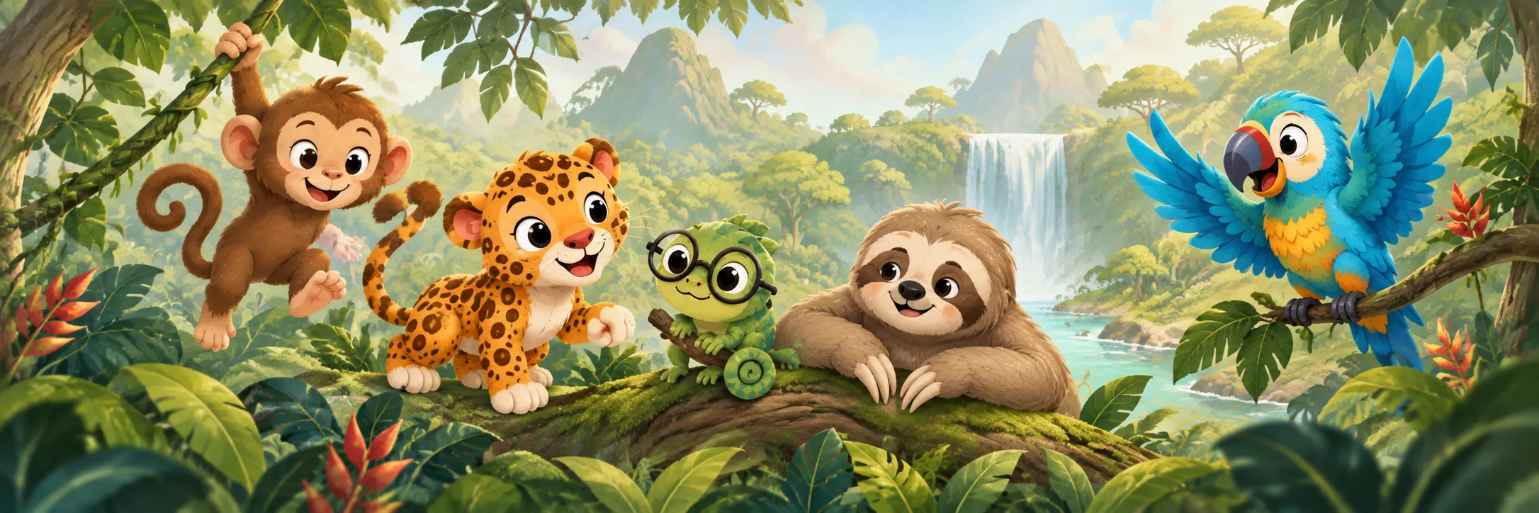 The Jungle Friends: monkey, leopard, chameleon, sloth and parrot in the canopy