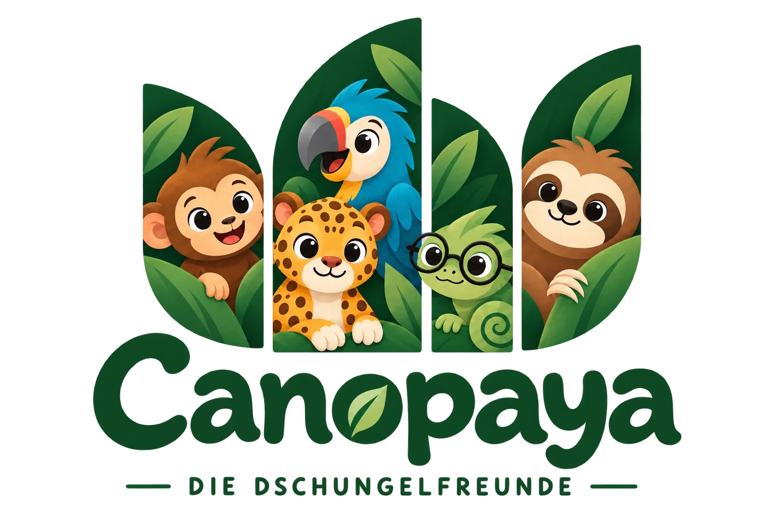 Die Dschungelfreunde: Affe, Leopard, Chamäleon, Faultier und Papagei im Blätterdach