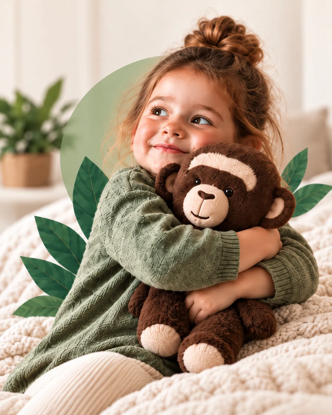 Child sitting on a bed hugging a plush monkey