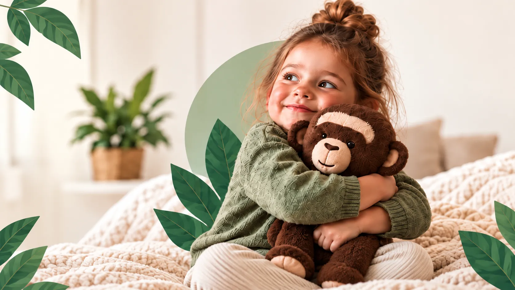 Child sitting on a bed hugging a plush monkey